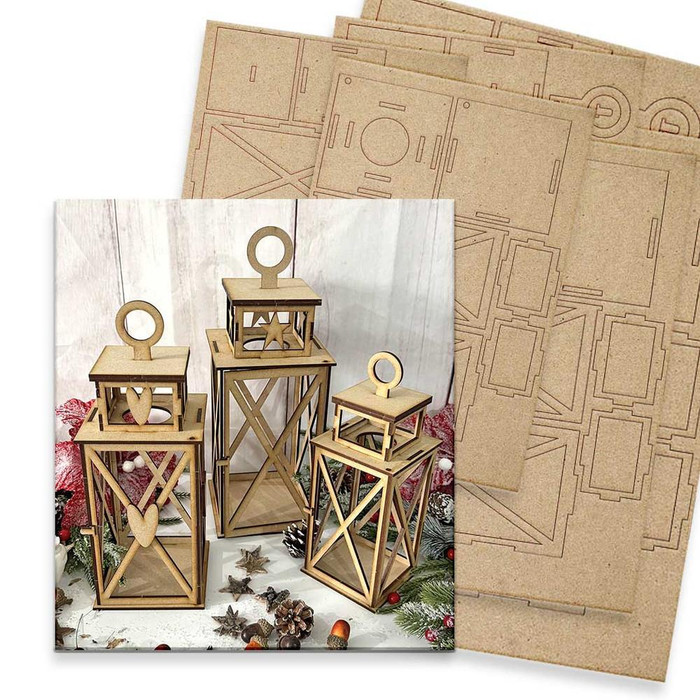 MDF Lantern Trio MDF wood blank Craft Kit – Christmas Holiday Home Décor crafts, showing three unfinished wooden lanterns with cut-out shapes and circular handles, designed for holiday decorating and DIY craft projects.
