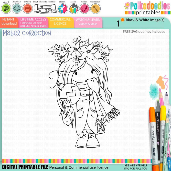 Mabel Christmas Bauble & Lantern black and white digi stamp, a digital line art drawing of a girl with long hair wearing a Christmas-themed outfit, holding a decorated bauble and lantern for card making, scrapbooking, junk journaling, and crafts.