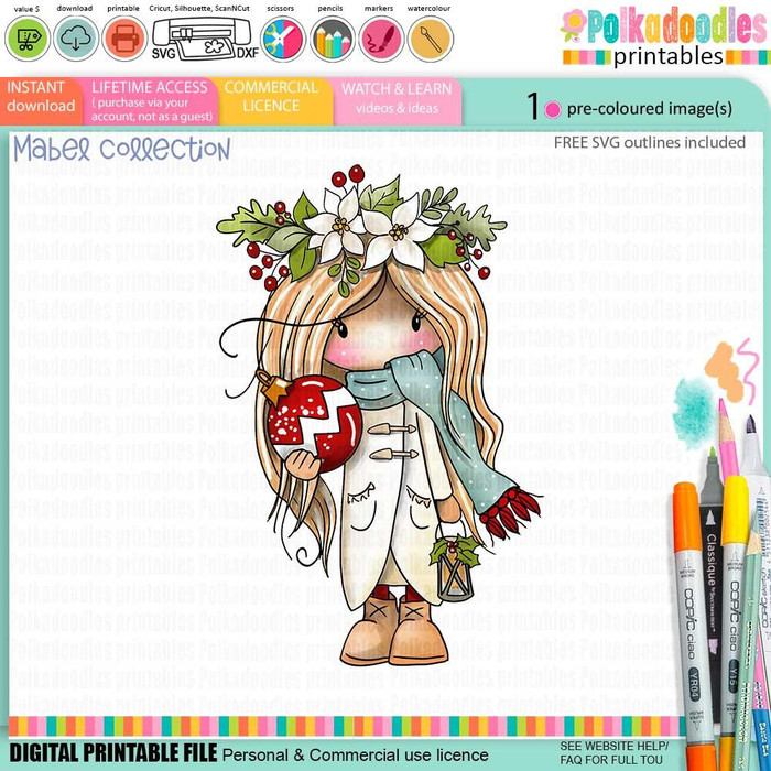 Mabel Christmas Bauble & Lantern precoloured digi stamp, digital illustration of a cute girl with long hair, wearing a coat, scarf, and boots, holding a Christmas ornament, adorned with a festive holly and poinsettia headband, perfect for card making, scrapbooking, junk journals, SVG, craft stickers, and planners.