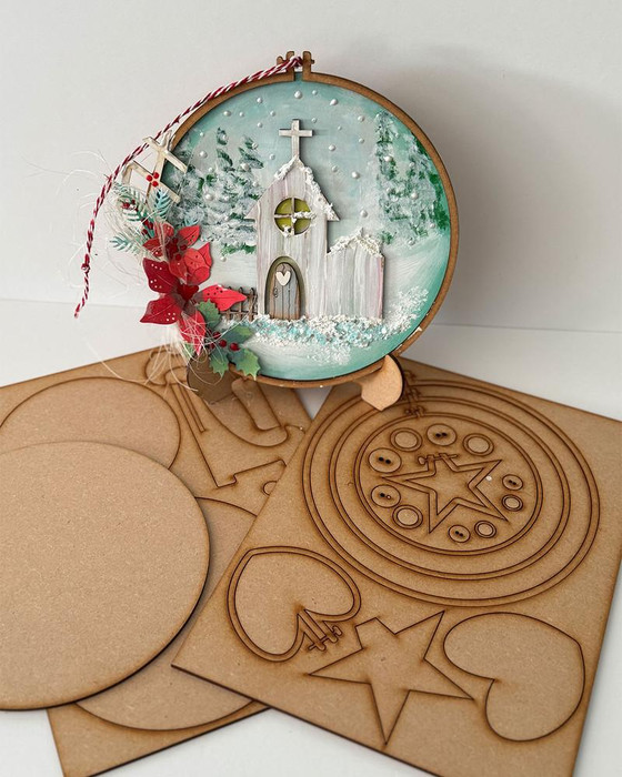 MDF Embroidery hoops & easels chipboard/MDF - Wood Blank Craft Kit for DIY home décor, featuring a decorative Christmas church scene in an embroidery hoop with festive embellishments, displayed with unassembled craft pieces.