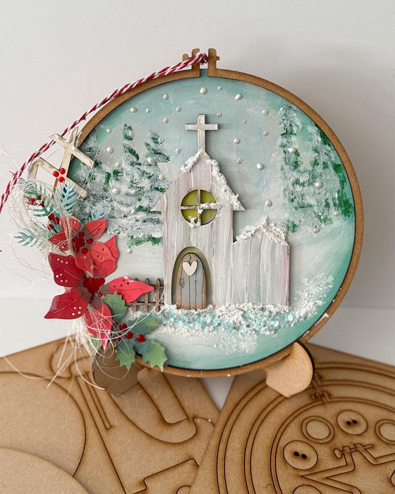 MDF Embroidery hoops & easels chipboard/MDF - Wood Blank Craft Kit, Home Décor - Handmade Christmas-inspired miniature church scene with snow and festive decorations.