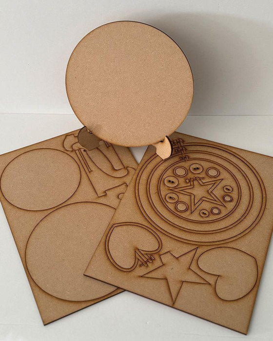 MDF Mixed Media big bundle, set of approximately 57 pieces including embroidery hoops, easels, chipboard, MDF boards, lattice chipboard packs, and bookmarks for crafting and DIY projects.