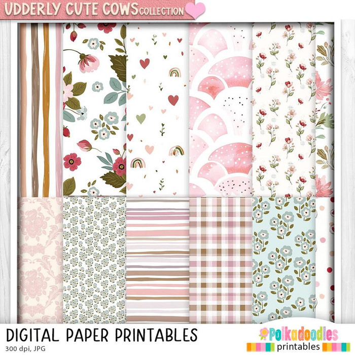 Udderly Cute Printable Paper Pack 2, collection of adorable digital papers with floral, rainbow, and plaid patterns for card making, scrapbooking, junk journaling, SVG, craft stickers, and planners.