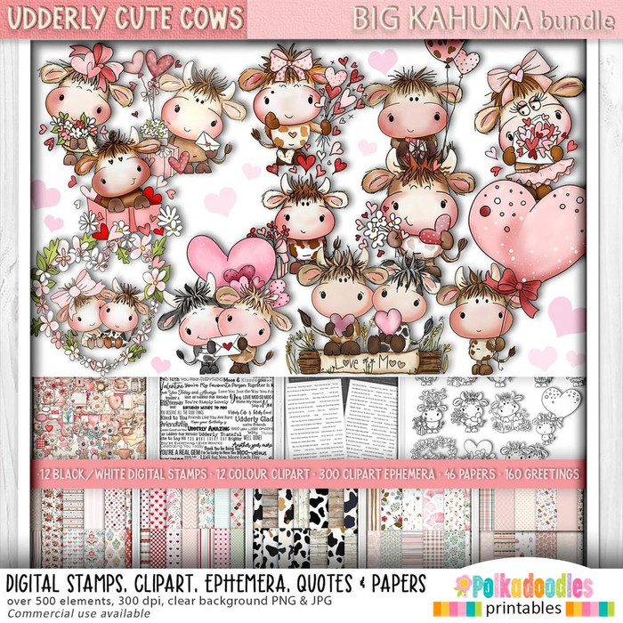 Udderly Cute Cows Love and Friendship BIG KAHUNA Printable Clipart Bundle – 500 Elements, illustration of adorable cartoon cows with hearts, flowers, and love-themed designs for crafting and digital projects.