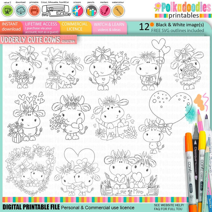 Udderly Cute Cows Love and Friendship BIG KAHUNA Printable Clipart Bundle – 500 Elements, set of adorable cartoon cow characters with love and friendship themes, including hearts, flowers, balloons, and gift illustrations.