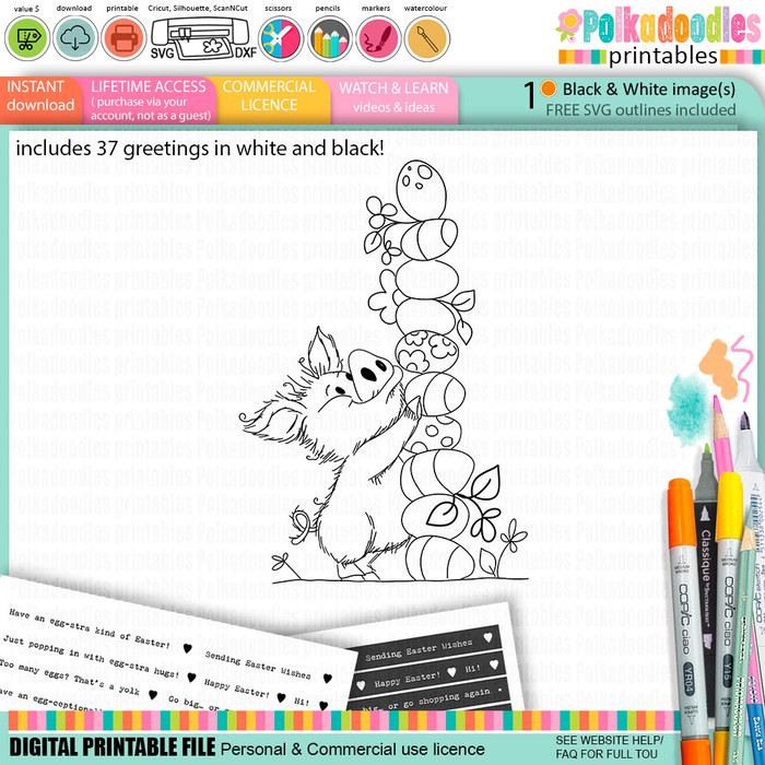 Pig-ging out with Eggs - BLACK/WHITE colouring digital stamp printable for Card Making, Scrapbooking, Junk Journal, svg, craft stickers & planners