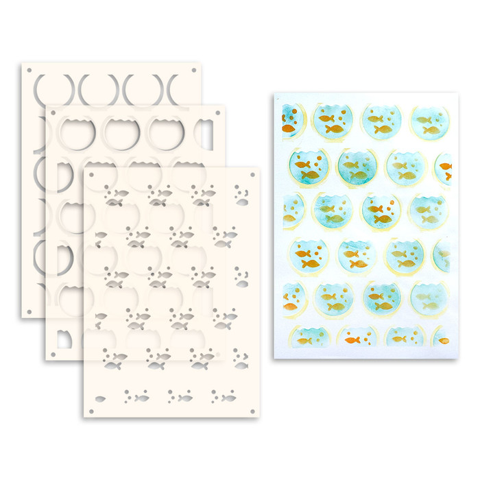 Goldfish bowl - 3 layering Stencils A5/6x8" - card making, craft, scrapbooking stencils
