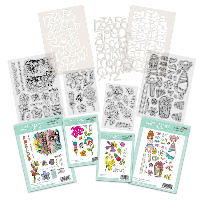 One of a Kind bundle - Clear Stamps and Stencils for mixed media card making craft