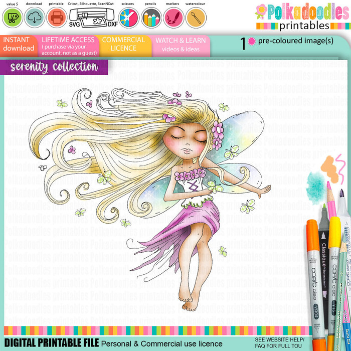 Serenity Fairy Butterfly - Digital Crafts, digital Stamp card making printable downloads.