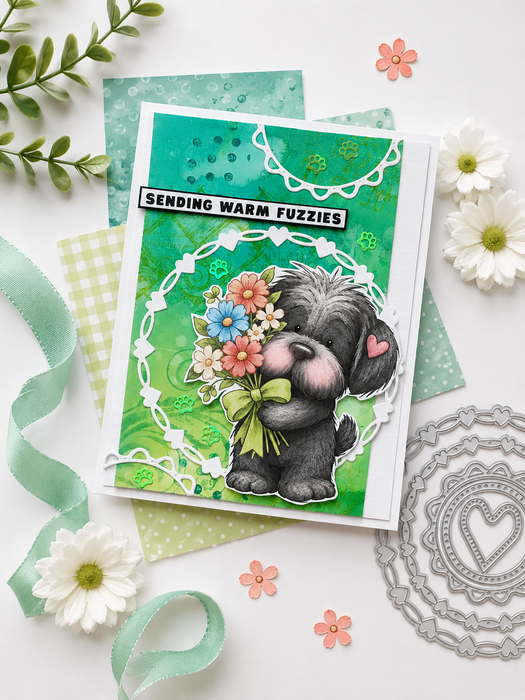 Pickles dog with flower bouquet Digital Stamp - Cute Fluffy Friends printable craft Download for Card Making Scrapbooking Junk Journals Crafts Stickers.
