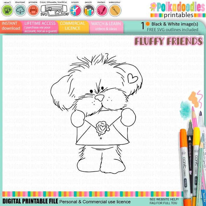 Pickles dog with letter Digital Stamp - Cute Fluffy Friends printable craft Download for Card Making Scrapbooking Junk Journals Crafts Stickers.