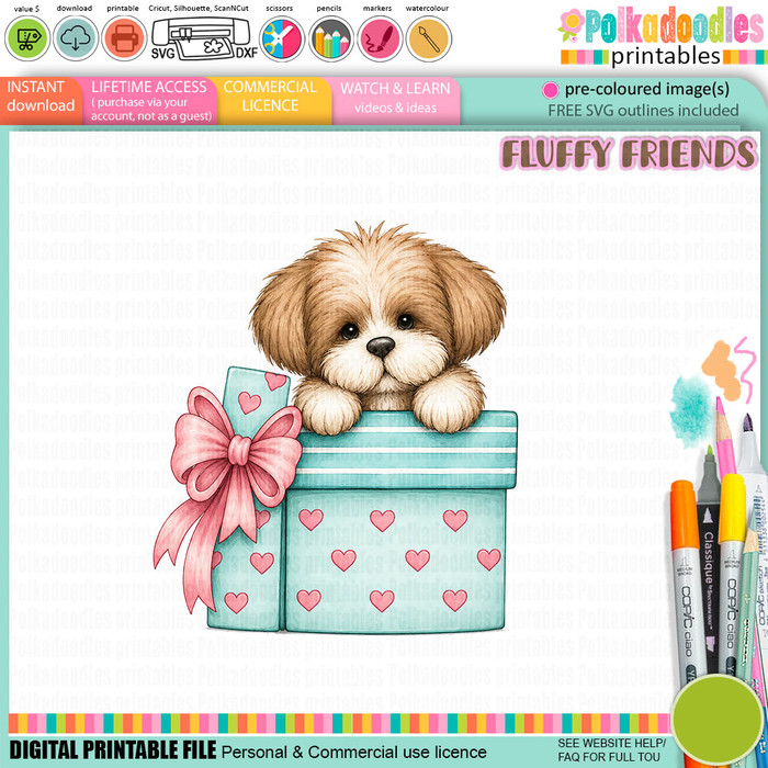 Pickles dog with gift/present- colour Clipart SVG printable craft Download for Card Making Scrapbooking Junk Journals Crafts Stickers