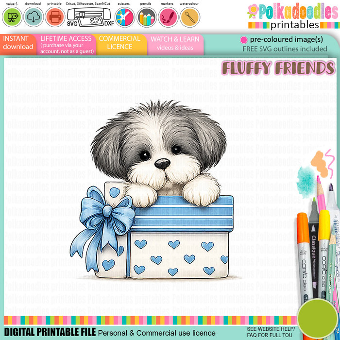 Pickles dog with gift/present-1 colour Clipart SVG printable craft Download for Card Making Scrapbooking Junk Journals Crafts Stickers