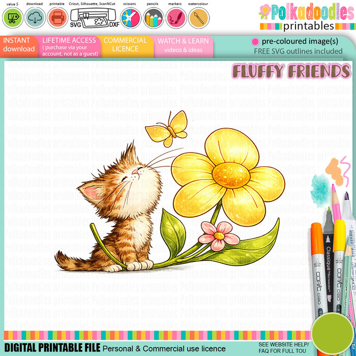 Peaches Cat daisy butterfly 2 - colour Clipart SVG printable craft Download for Card Making Scrapbooking Junk Journals Crafts Stickers