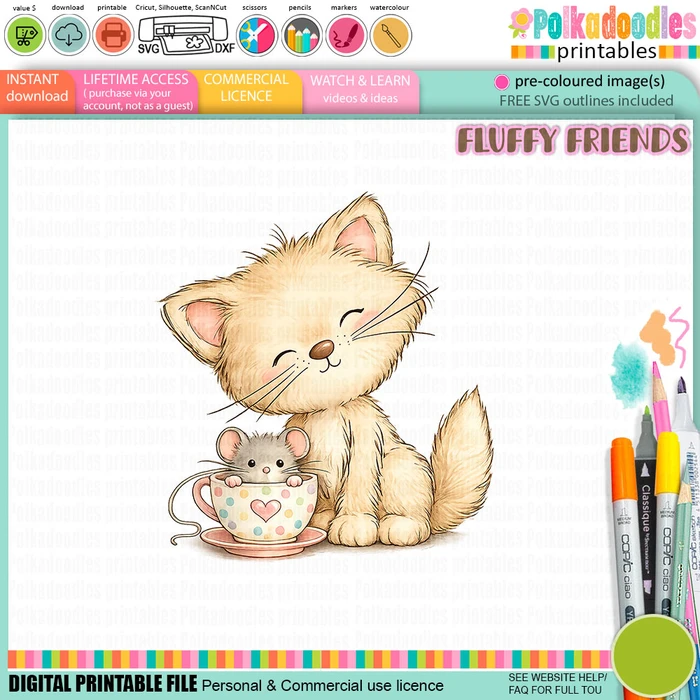 Peaches Cat & Nibbles Mouse 3- colour Clipart SVG printable craft Download for Card Making Scrapbooking Junk Journals Crafts Stickers