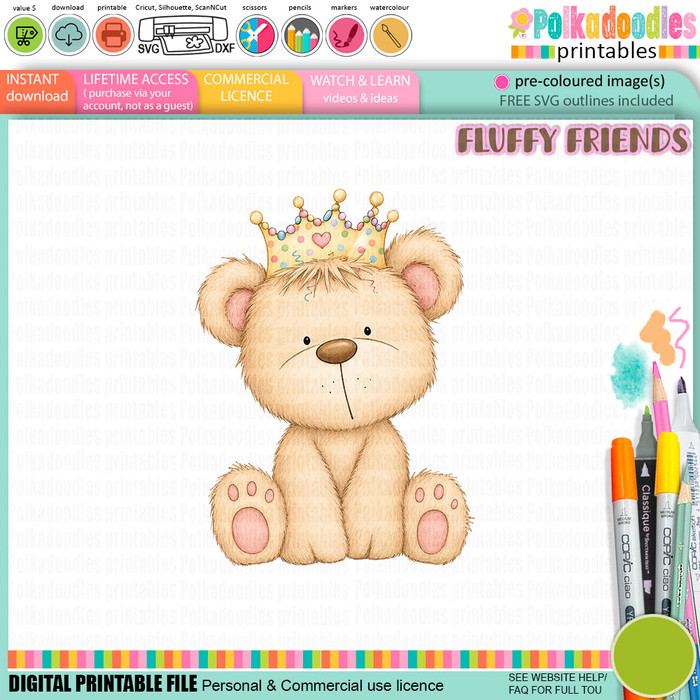 Monty bear crown birthday hat - colour Clipart SVG printable craft Download for Card Making Scrapbooking Junk Journals Crafts Stickers.