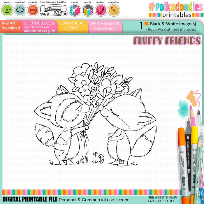 Rascal Racoon & Rusty Fox bunch of flowers Digital Stamp Digital Stamp - Cute Fluffy Friends printable craft Download for Card Making Scrapbooking Junk Journals Crafts Stickers.
