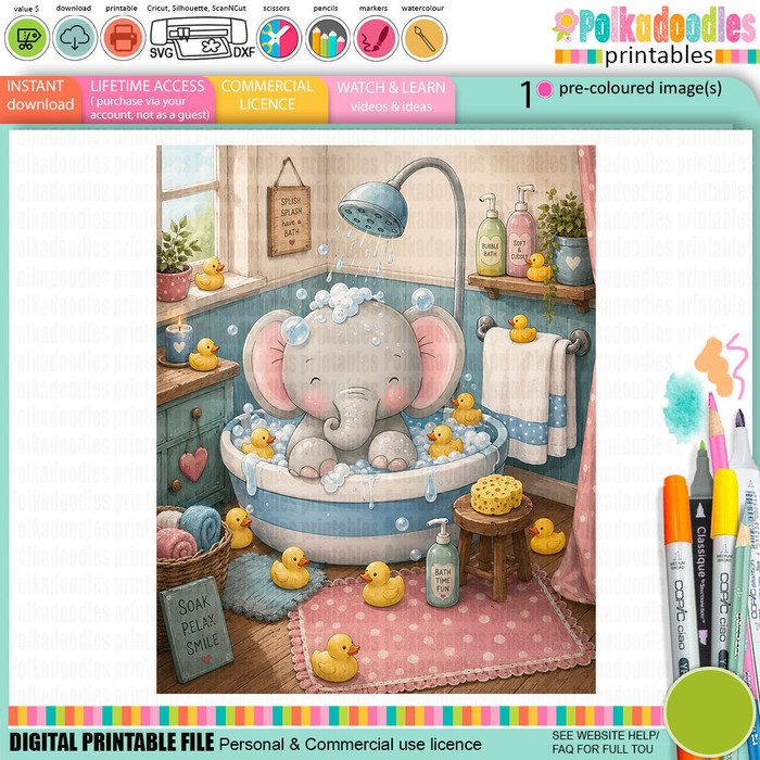 Elephant Bathtime Relax - colour printable Digital Stamp & clipart craft Download for Card Making Scrapbooking Junk Journals , coloring book, Stickers.