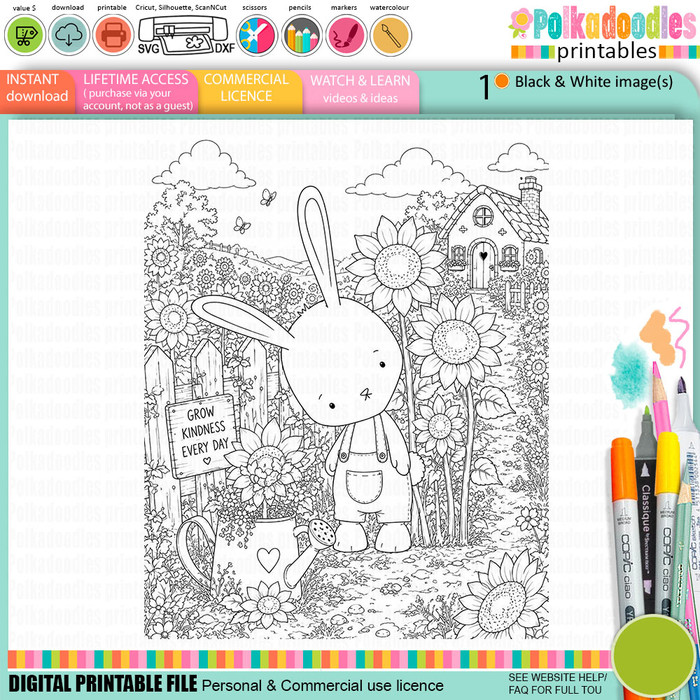 Gil Bunny sunflowers & kindness - printable Digital Stamp & clipart craft Download for Card Making Scrapbooking Junk Journals , coloring book, Stickers.