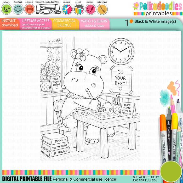 Helga Hippo Exam Time - printable Digital Stamp & clipart craft Download for Card Making Scrapbooking Junk Journals , coloring book, Stickers. exams study school graduation.