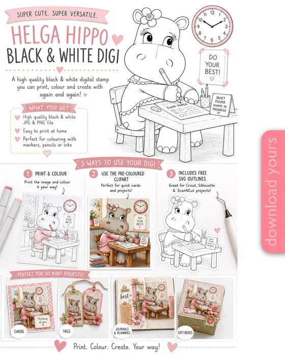 Helga Hippo Exam Time - printable Digital Stamp & clipart craft Download for Card Making Scrapbooking Junk Journals , coloring book, Stickers. exams study school graduation.