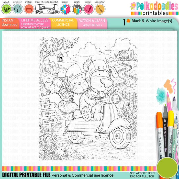 Horace and Boo Cat and Dog Scooting along - printable Digital Stamp & clipart craft Download for Card Making Scrapbooking Junk Journals , coloring book, Stickers. exams study school graduation.