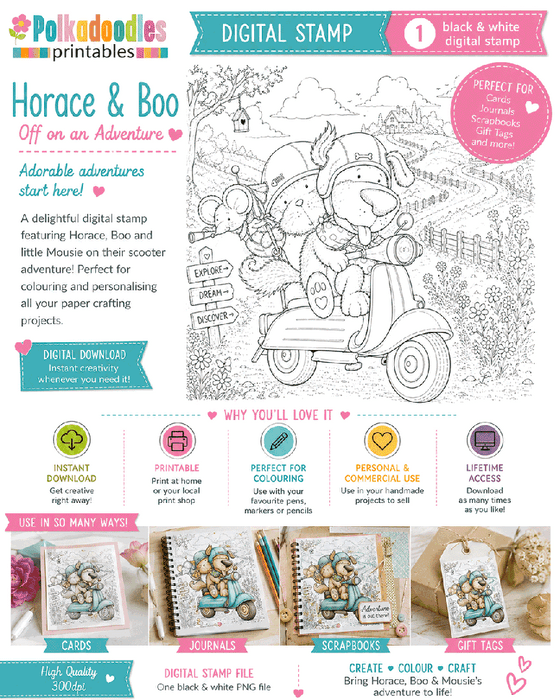 Horace and Boo Cat and Dog Scooting along - printable Digital Stamp & clipart craft Download for Card Making Scrapbooking Junk Journals , coloring book, Stickers. exams study school graduation.