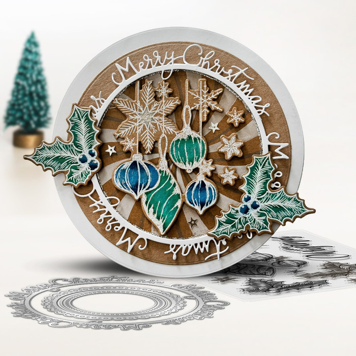 Merry Christmas greetings circle wreath craft card making dies