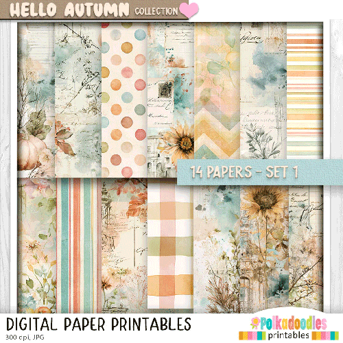 Hello Autumn Pretty printable paper patterns set 1 - craft, card making, junk journal, digital scrapbooking