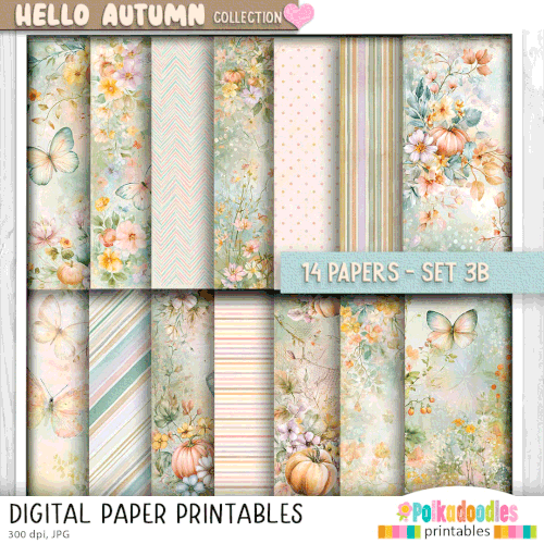 Hello Autumn Pretty printable paper patterns set 3b - craft, card making, junk journal, digital scrapbooking.