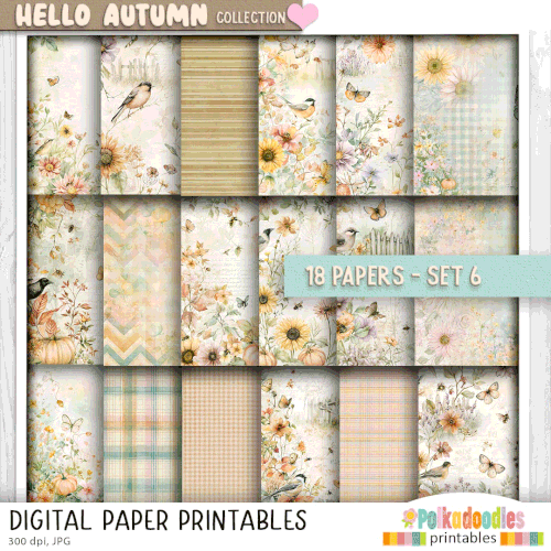 Hello Autumn Pretty printable paper patterns set 6 - craft, card making, junk journal, digital scrapbooking.