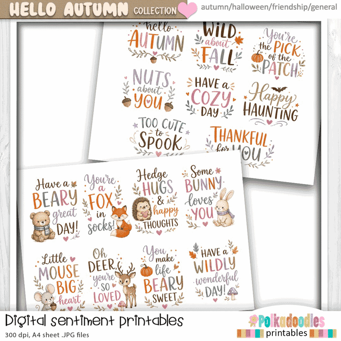 Hello Autumn Greetings 160+ printable sentiment downloads - craft, card making, junk journal, digital scrapbooking.