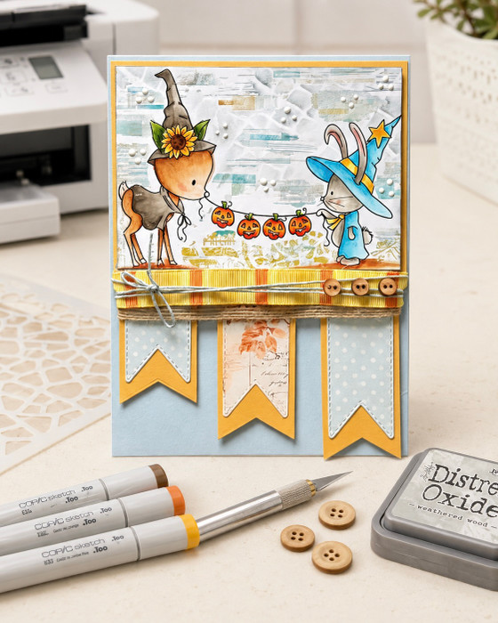 Deer and Bunny rabbit banner black and white digital stamp - Hello Autumn printable download for craft, card making, junk journal, digital scrapbooking.