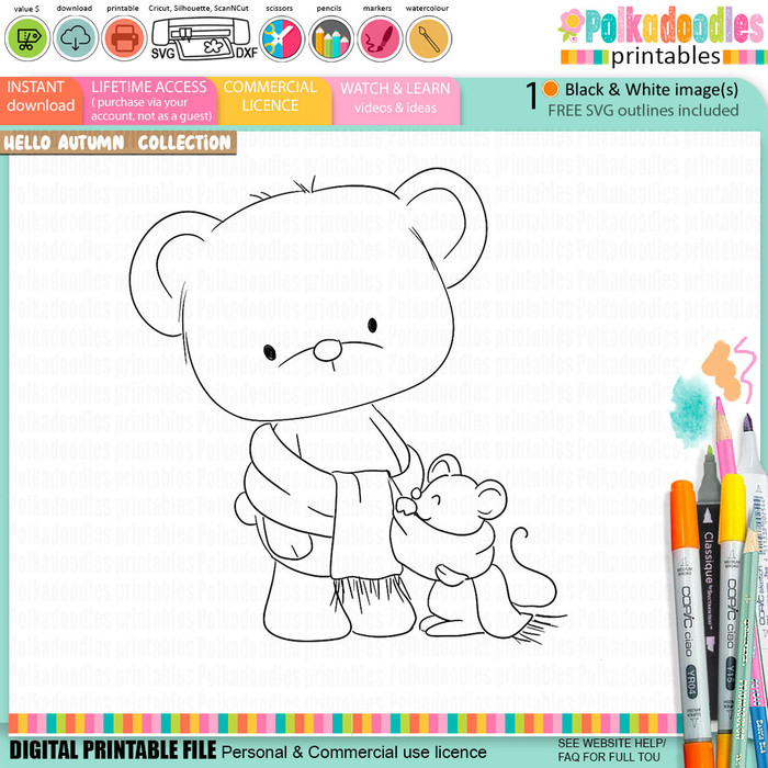 Black and white printable digital stamp of a cute bear sharing a long cosy scarf with a little mouse friend from the Polkadoodles Hello Autumn woodland collection.