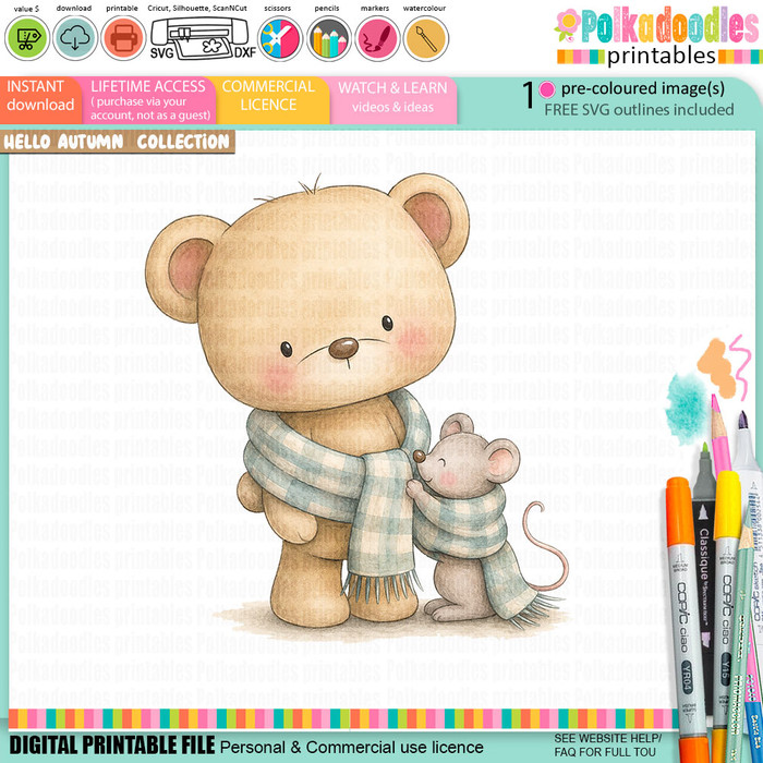 Pre-coloured printable clipart of a cute teddy bear sharing an aqua checked scarf with a little mouse friend, softly illustrated in a watercolour style from the Polkadoodles Hello Autumn collection.