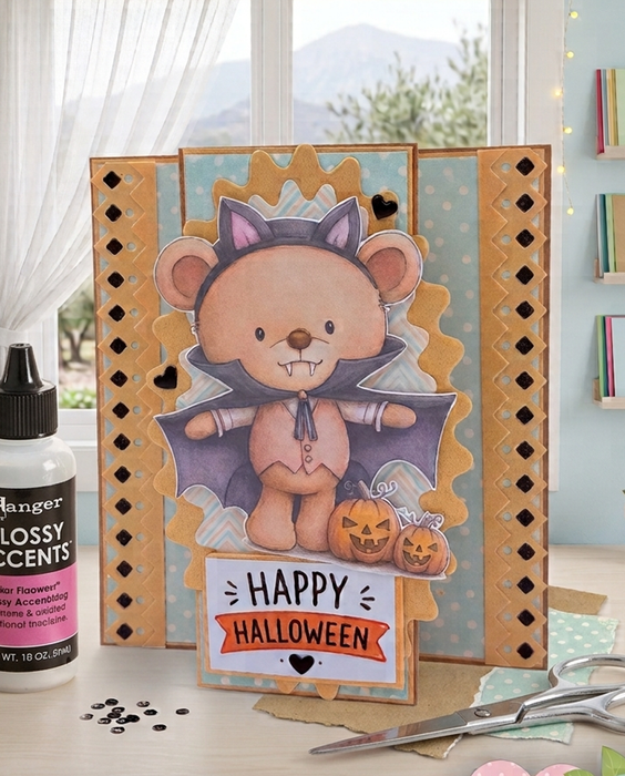 Bear Dracula Halloween pre-coloured clipart featuring a cute watercolour teddy bear dressed as a vampire with fangs, bat-wing cape, pink waistcoat and jack-o'-lantern pumpkins. Hello Autumn cute Halloween and Fall printable clipart for card making, scrapbooking, junk journaling and paper crafts.