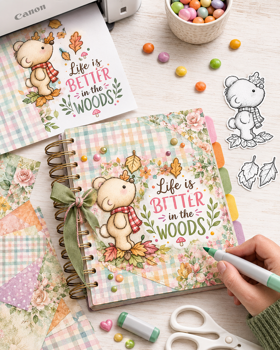 Cute bear falling leaves black and white digital stamp, Fall Autumn woodland bear printable colouring image with scarf and acorn for card making, scrapbooking and paper crafts.