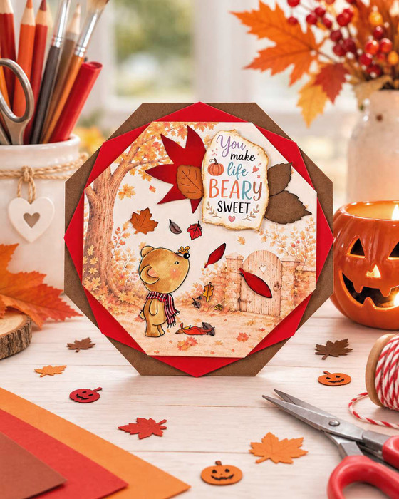 Cute bear falling leaves pre-coloured clipart, Fall Autumn woodland bear with red checked scarf, acorn and colourful leaves printable for card making, scrapbooking and paper crafts.