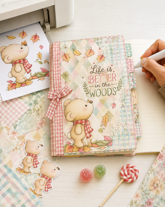 Cute bear falling leaves pre-coloured clipart, Fall Autumn woodland bear with red checked scarf, acorn and colourful leaves printable for card making, scrapbooking and paper crafts.