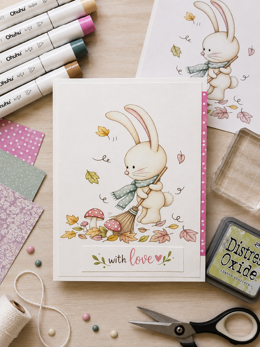 Cute bunny sweeping leaves pre-coloured clipart, Fall Autumn woodland rabbit with aqua scarf, broom, colourful leaves and toadstools printable for card making, scrapbooking and paper crafts.