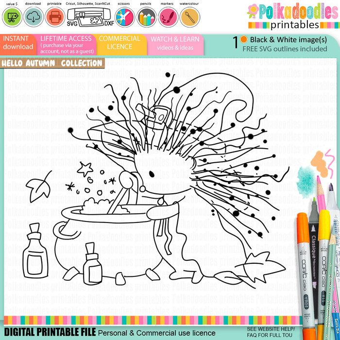 Cute hedgehog witch Halloween black and white digital stamp with witch hat, bubbling cauldron, magic potion bottles and leaves, Fall Autumn woodland printable for card making, colouring, scrapbooking and paper crafts.