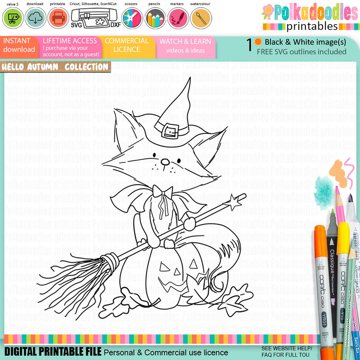 Cute fox witch pumpkin Halloween black and white digital stamp with witch hat, broomstick, jack-o'-lantern and Fall leaves, Autumn woodland printable for card making, colouring, scrapbooking and paper crafts.