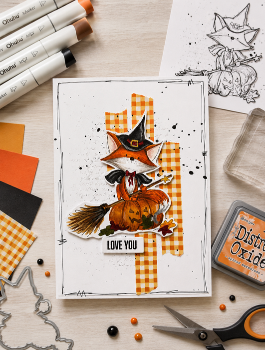 Cute fox witch pumpkin Halloween black and white digital stamp with witch hat, broomstick, jack-o'-lantern and Fall leaves, Autumn woodland printable for card making, colouring, scrapbooking and paper crafts.