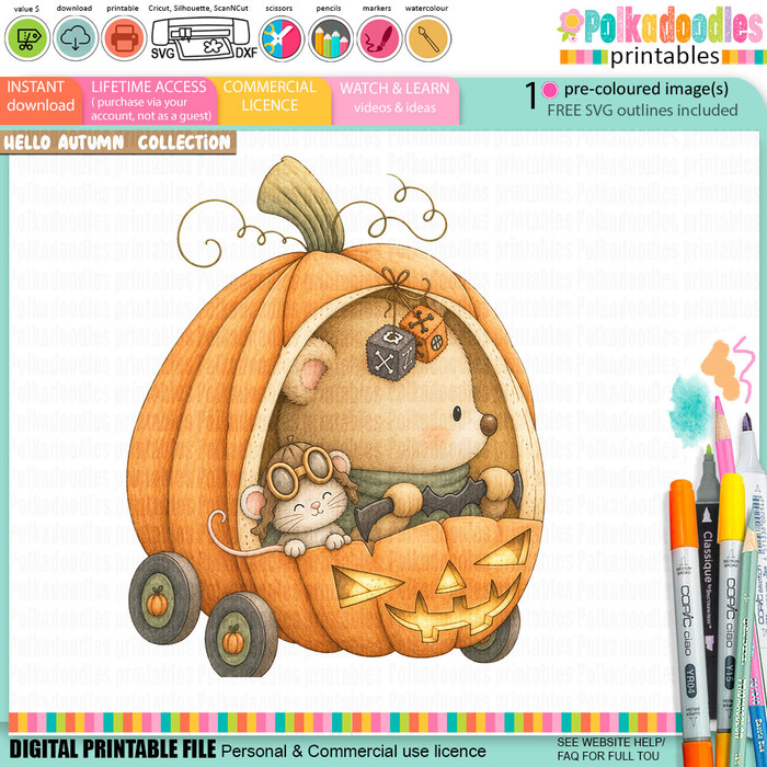 Cute bear and mouse pumpkin car Halloween pre-coloured clipart featuring woodland animals riding in an orange jack-o'-lantern pumpkin vehicle with glowing lights, bat steering wheel, hanging dice and pumpkin wheels.