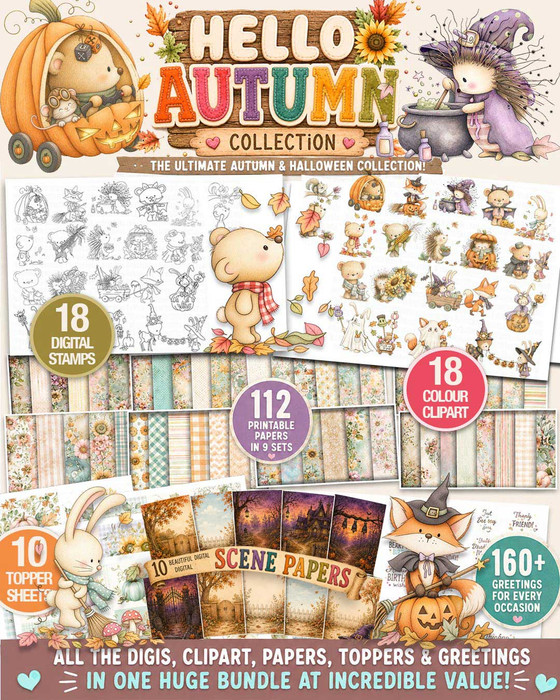 Hello Autumn Big Kahuna printable craft bundle with over 300 cute woodland animal elements including 18 black and white digital stamps, 18 pre-coloured clipart images, SVG files, 110+ patterned papers, 10 scenes, toppers and over 160 greetings for Autumn, Fall and Halloween crafts.