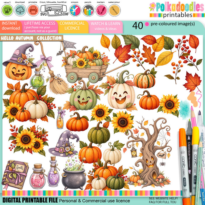 40 cute pre-coloured Autumn Fall clipart images featuring pumpkins, colourful leaves, sunflowers, berries, witch hats, potion bottles, broomsticks, cauldrons, a spooky tree and seasonal woodland elements for printable crafts and card making.