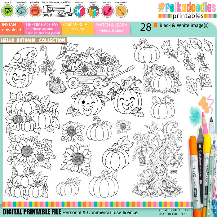 28 cute black and white Autumn Fall digital stamps featuring pumpkins, sunflowers, leaves, berries, pumpkin arrangements, a pumpkin wagon, witch accessories, broomstick and spooky Halloween tree for colouring, card making and paper crafts.
