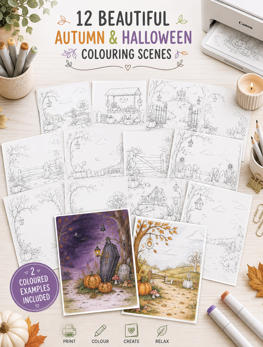 12 cute Autumn Fall and Halloween printable colouring scenes featuring countryside paths, pumpkins, fences, gates, woodland settings and spooky seasonal backgrounds