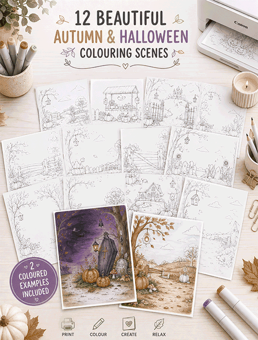 12 cute Autumn Fall and Halloween printable colouring scenes featuring countryside paths, pumpkins, fences, gates, woodland settings and spooky seasonal backgrounds