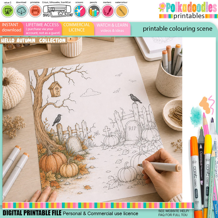 Halloween graveyard black and white printable colouring scene featuring pumpkins, gravestones, wooden fences, crows, bats, bare tree, birdhouse and autumn leaves with open space for adding digital stamp characters.